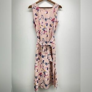 Bellambra size Small Women’s Pink Abstract Linen Tie Waist Sleeveless Midi Dress